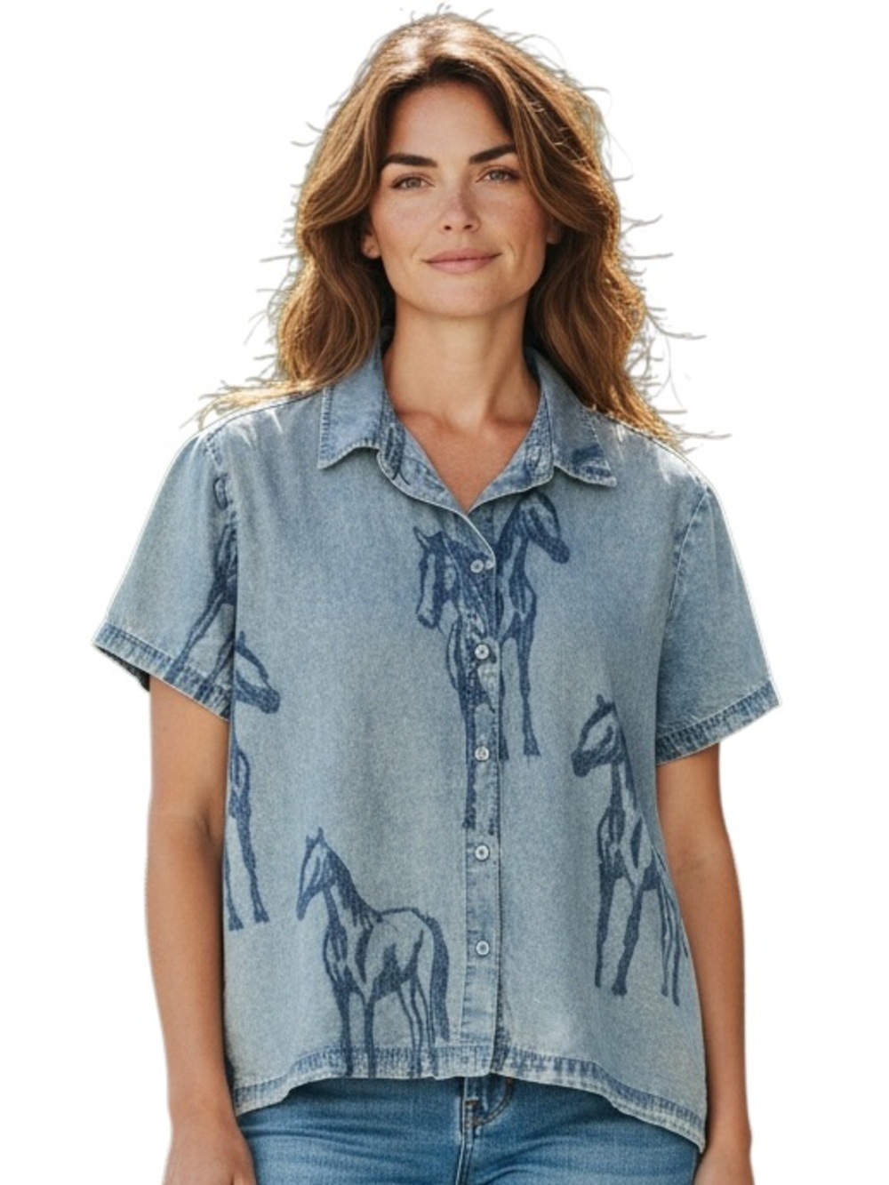 JANE + DELANCEY Horse Print Denim Shirt Size S